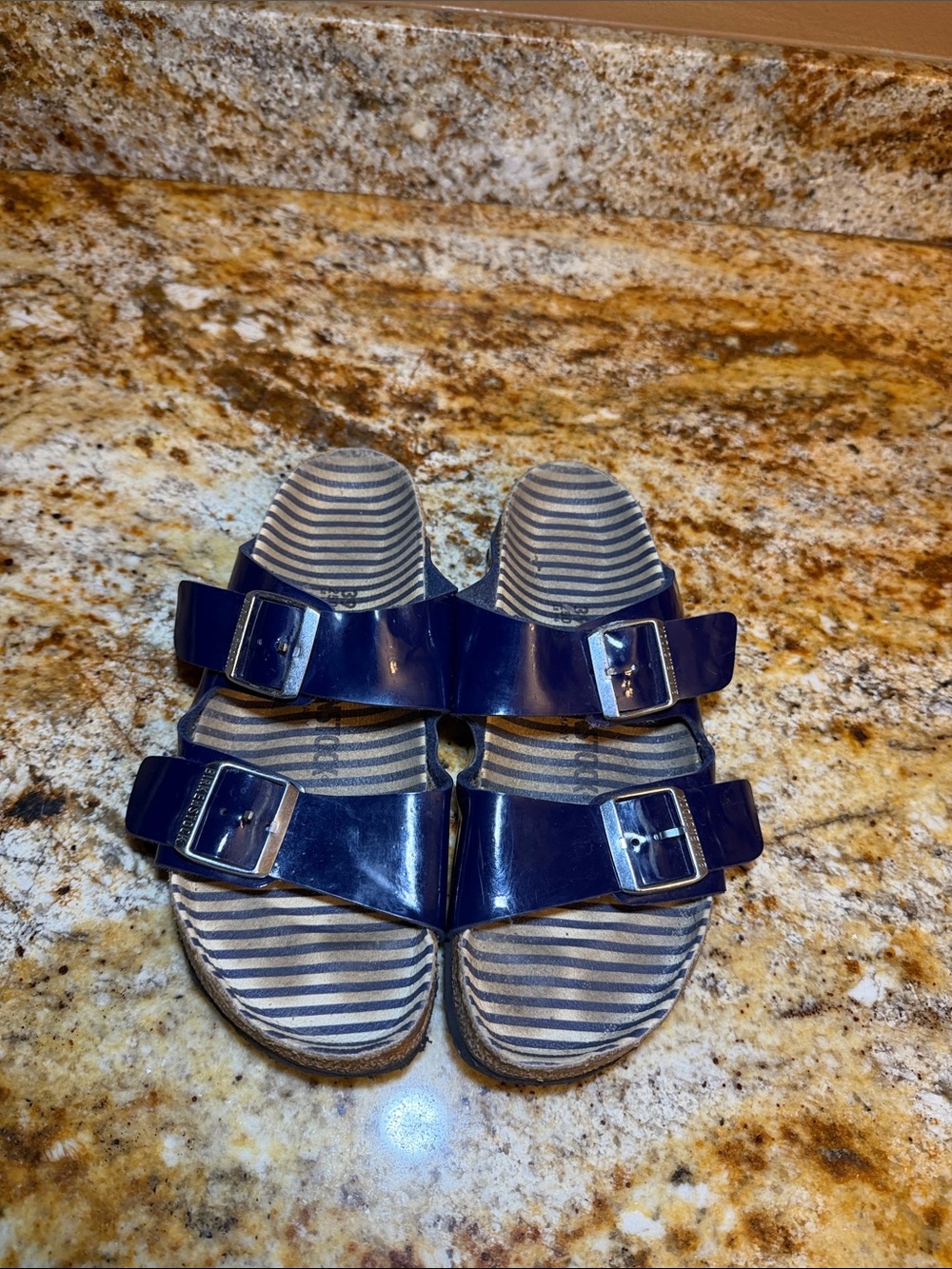 Birkenstock Navy Patent Double-Strap Slide Sandals